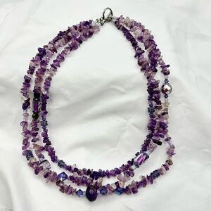 Multi-strand Amethyst Chips Glass Beads Necklace Silver Clasp Purple Boho